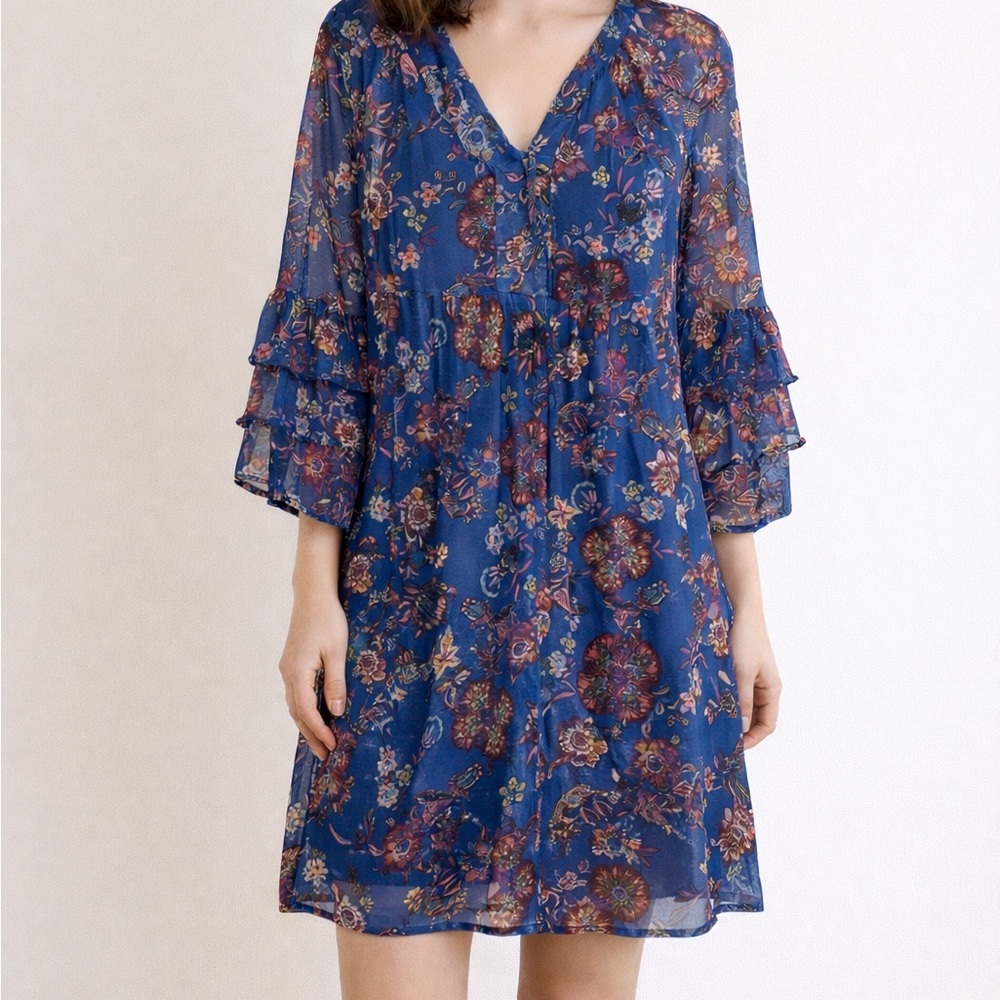 Fig and Flower Sheer Navy Floral Long Sleeve Dress